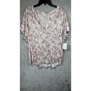 Lucky Brand NEW Womens Top XL Pink Floral Short Sleeve Pullover V-Neck Stretch